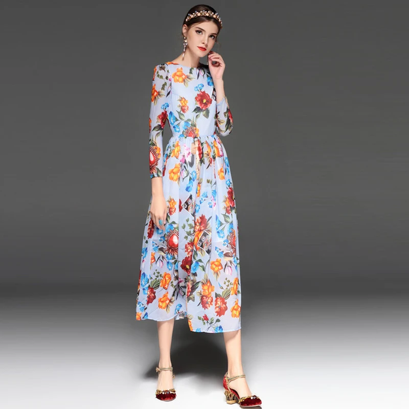 D'été Flare Mi Impression Robe Fit Partie mollet Fille Fleur Printemps Femmes Et 2018 Élégant Floral Bohème Poignet Multi 1gxBnn