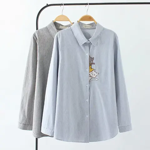 Oversized Tamanho Grande Manga Comprida Algodão Linho Blusa Feminina 2020 Listrado Gato Bordado Camisa Primavera Outono Senhoras Topos