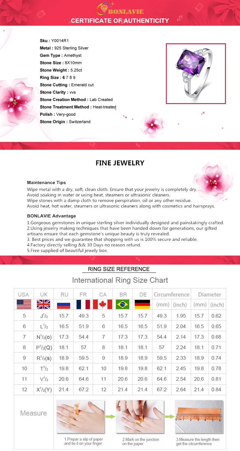 BONLAVI 5.25ct 8*10 мм Аметист брендовые ювелирные изделия женские 925 пробы серебряные Квадратные Кольца Высокое качество обручальное кольцо Размер 5-10