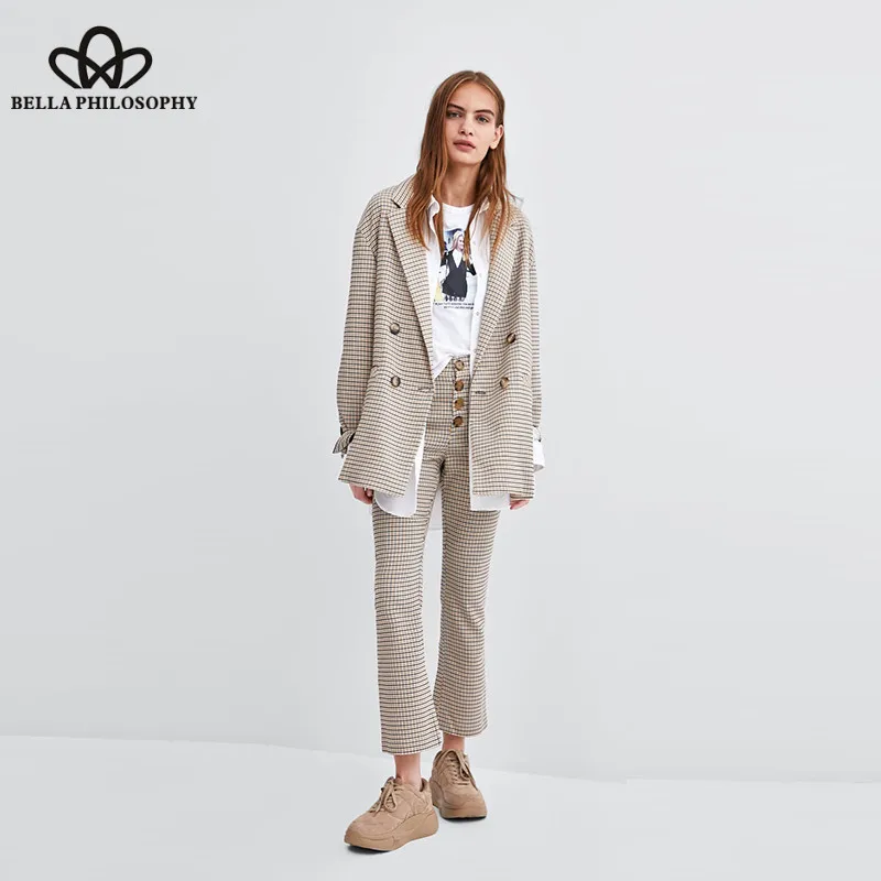 Wonder 2018Work Fashion Pant Suits 2 Piece Set for Women Double Breasted Plaid Blazer Jacket & Trouser Office Lady Suit Feminino