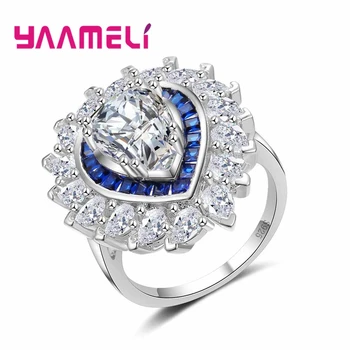 

925 Sterling Silver AAAAA Luxurious Blue Flower Crystal Stone Ring Engagement Wedding Jewelry CZ For Engagement Women