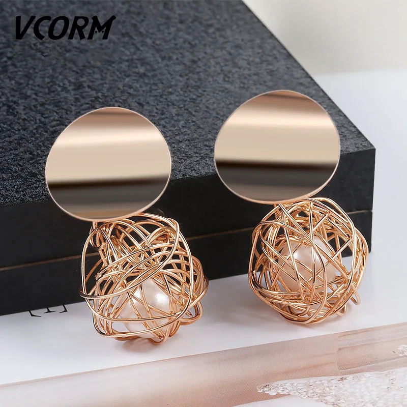 Женские серьги гвоздики VCORM новые модные плетеные золотистого цвета с круглыми
