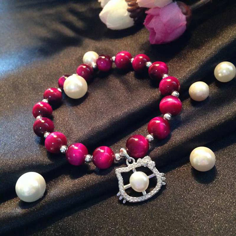 

Ruifan High Quality Cat Shape Rose Red Natural Tiger's Eye Gemstone Pearl Bracelets 100% 925 Silver Bracelet Ladies YBR076