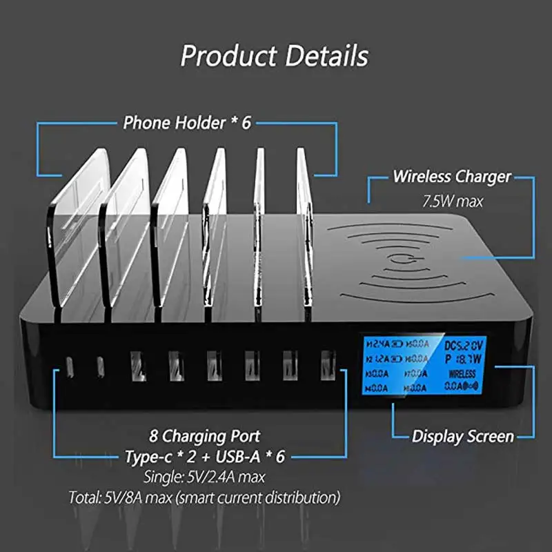 Qi Wireless Charger 8 ports Smart USB Charger 5V8A 40W LCD Display Desktop Holder For iPhone Samsung Huawei AC Adapter