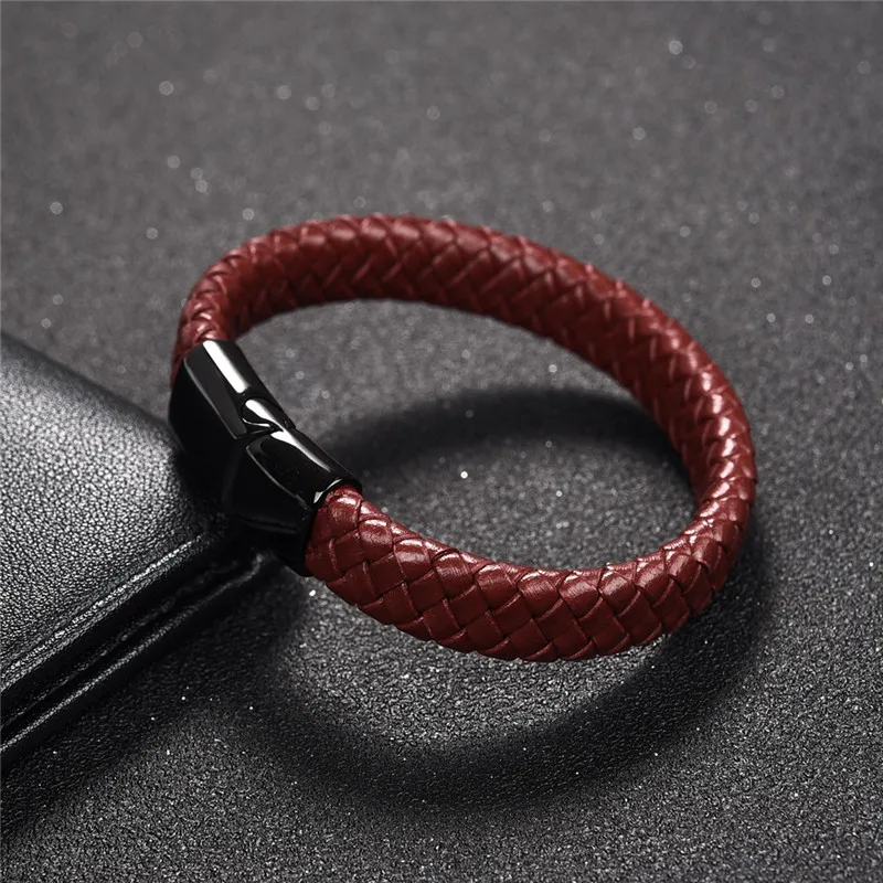 

Jiayiqi Red Genuine Leather Braided Bracelet Jewelry Black/Silver Stainless Steel Magnetic Buckle Bracelets Male Wrist Band