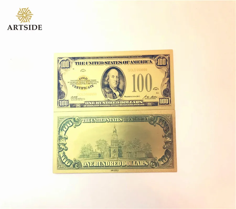 Цветной счетчик банкнот Америка 1 долларовые банкноты из золотой фольги покрытием фальшивых денег металлических художественных работ креативный подарок - Цвет: 1928 usd 100
