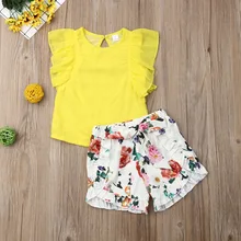 Pudcoco/Летняя одежда для маленьких девочек; однотонные топы без рукавов с рюшами; короткие штаны с цветочным принтом; комплект из 2 предметов; повседневная одежда