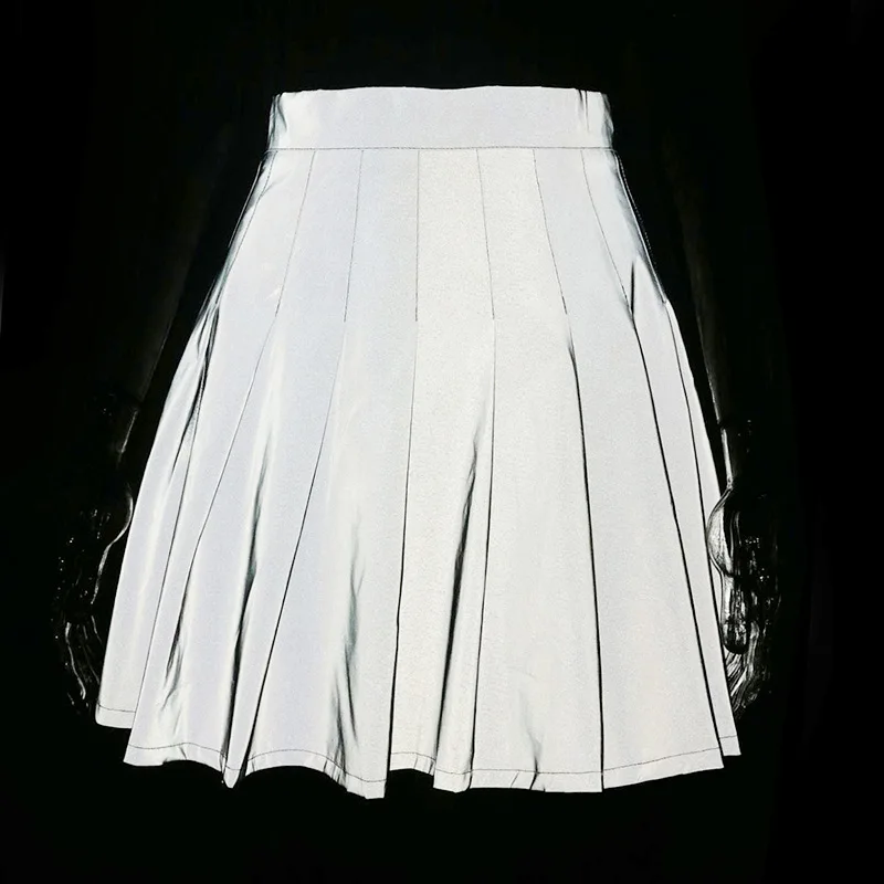 Летние для женщин ночник флэш Светоотражающие плиссированные короткие юбки дамы уличная клубвечерние блестящий серый высокая талия пикантные Мини Skir