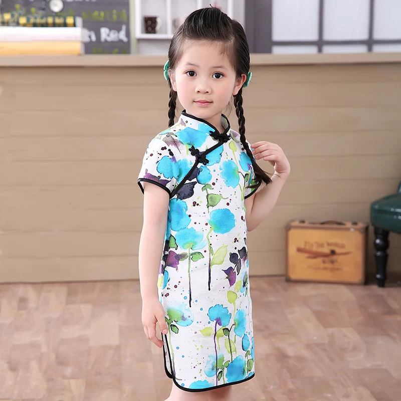 Китайское платье для маленьких девочек одежда Ципао летнее стильное детское хлопковое традиционное платье с короткими рукавами Вечерние новогодние платья для детей