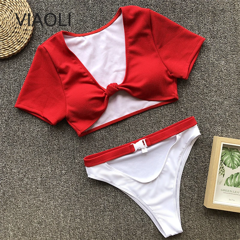 

Maillot De Bain Femme Swimwear Women Knotted High Waist Large Size Bikini Sexy Split Swimsuit Bikini