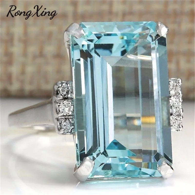 

RongXing New Style Big Square Stone Clear Blue March Birthstone Rings For Women 925 Silver Filled Crystal Zircon Jewelry ZR0088