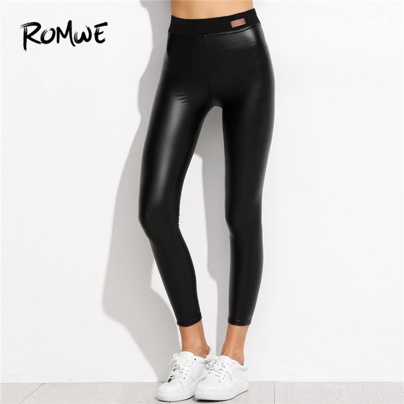 

ROMWE Black Plain Faux Leather PU Ankle Leggings Autumn Women Casual Pants Female Spring Elegant 2019 New Style Crop Leggings