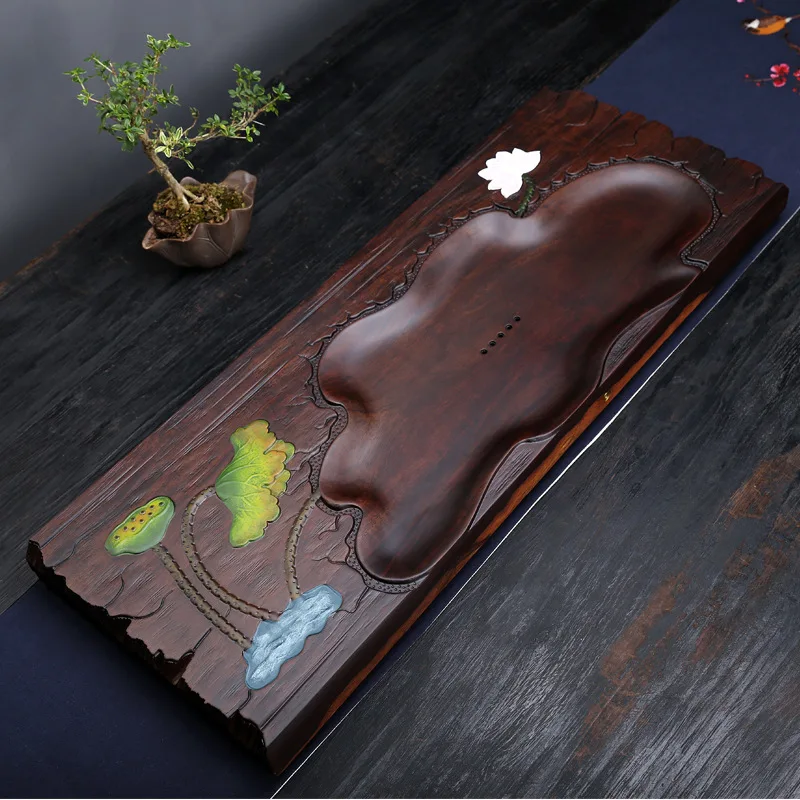 

Ebony solid wood tea tray logs Full-wood non-divided high-grade tea set tea sea home good luck lotus painted tea table