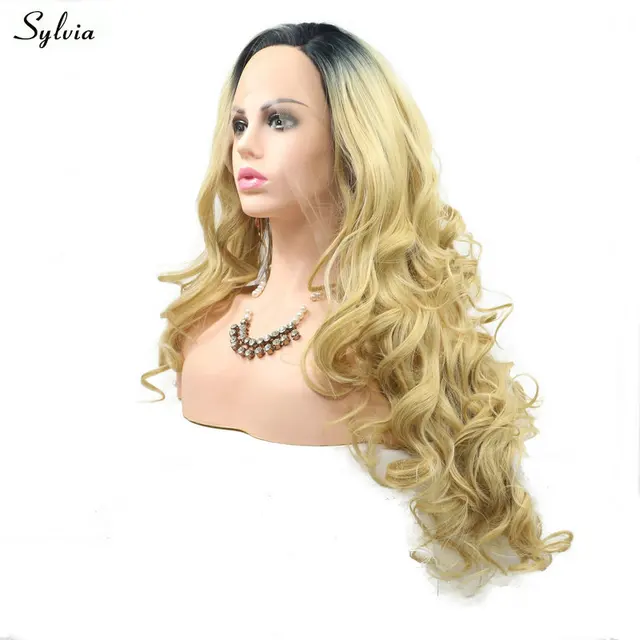 Sylvia Gold Blonde Ombre Dark Roots Synthetic Lace Front Wigs