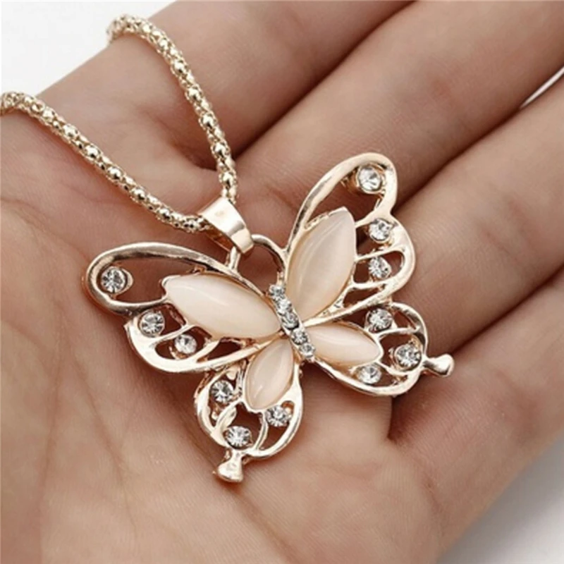

Rose Gold Acrylic Crystal Big Butterfly Pendant Necklace 70CM Long Chain Sweater Jewelry For Women Bijou Statement Jewelry