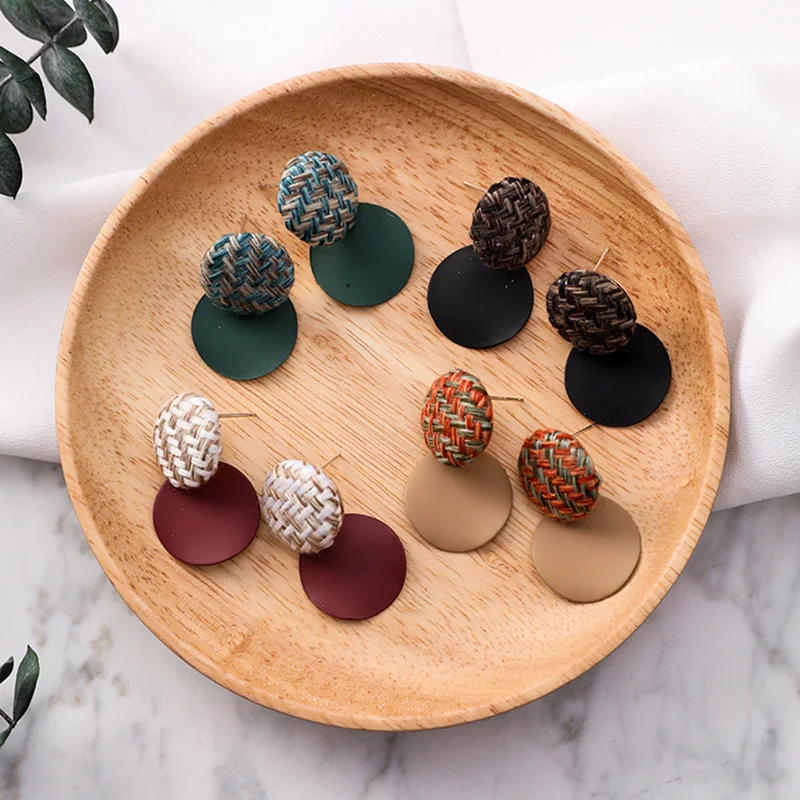 

4 Colors 2018 Winter Vintage Round Cloth Fabric Plain Button Stud Earrings For Women Korean Fashion Jewelry