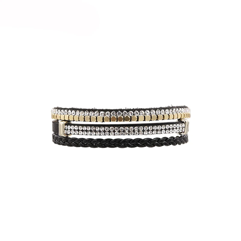 STRATHSPEY новые модные ювелирные изделия кожа трендовые хрустальные стразы плетеные Многослойные браслеты для женщин магнит бежевый цвет - Окраска металла: Black