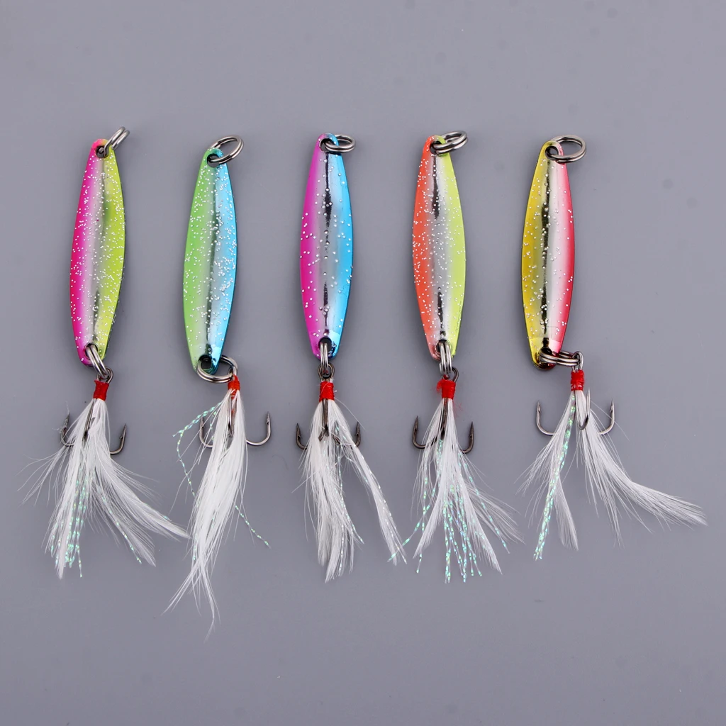 5pcs Spoons Hard Fishing Lures Treble Hook Salmon Bass Metal Fishing Baits Mixed Color 5g/8g/14g/17g