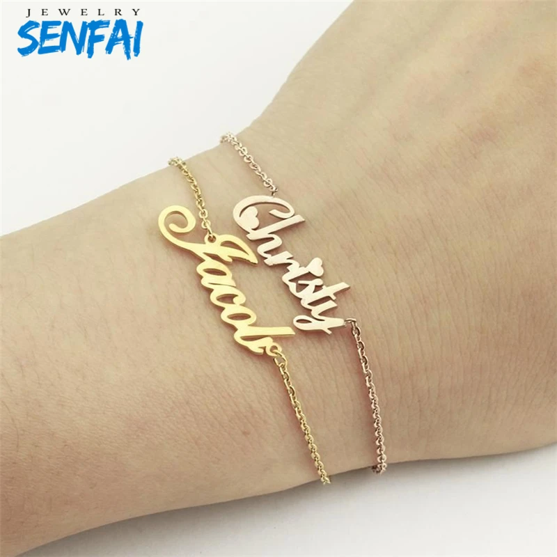 

Senfai Custom Name Bracelet Charms Stainless Steel Handmade Bangle Cursive Word Bangle Women Bracelets Special Gift Gold Color