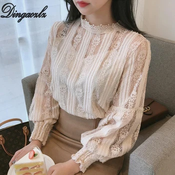 Dingaozlz blusas femininas elegante Lantern sleeve Women blouse Hollow out Lace Tops Casual Crochet Lady blouse shirt lace hollow bowknot blouse