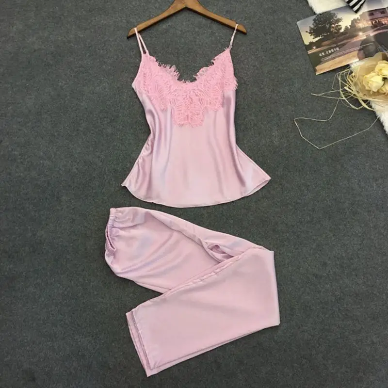 

ROPALIA Women Pajamas Sleepwear Lace Lingerie Sleeveless Set Top Long Pant Faux Silk Lace Bow V-neck