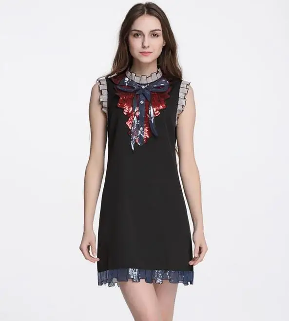 

High-end luxury brand summer dress 2018 Vintage Minimalist style party dresses women bow diamond sleeveless sequined dress
