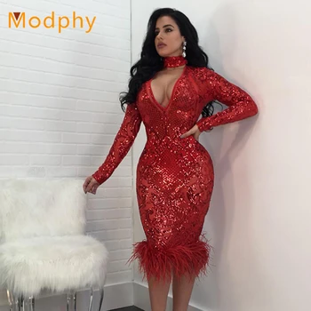 

Women New Fashion sheath Long Sleeve O-neck Sexy feathers Bandage Dress Bodycon Vestidos Celebrity Chic Party Dresses HL649