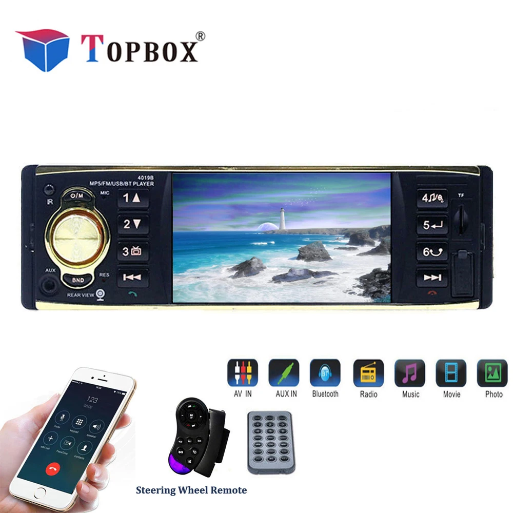 

Topbox 4019B 4.1 Inch 1 Din Car Radio Audio Stereo 1Din USB AUX FM Radio Station Bluetooth with Rearview Camera Remote Control