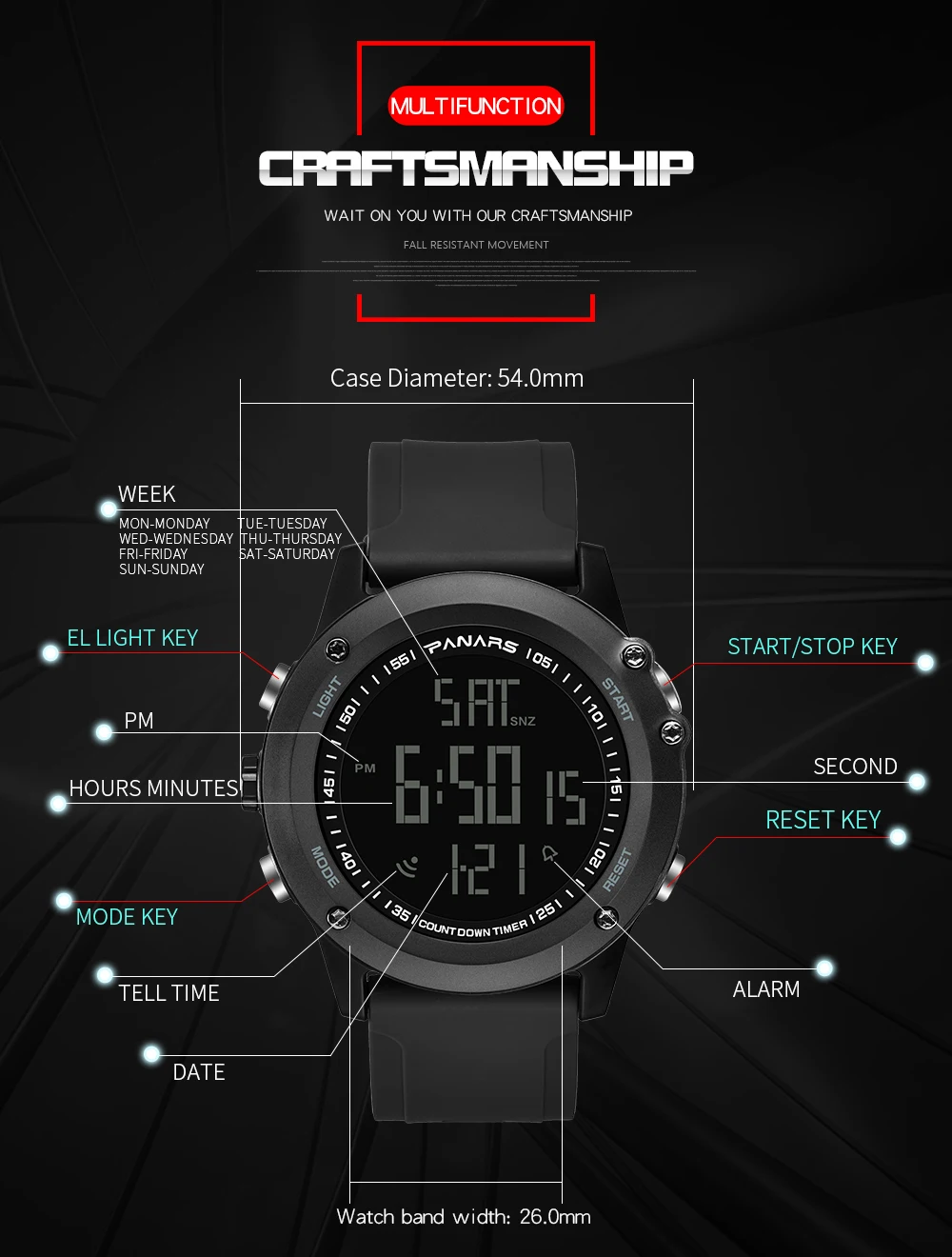 PANARS цифровые часы мужские водонепроницаемые ударопрочные спортивные часы цифровые часы мужские наручные часы мужской секундомер мужская