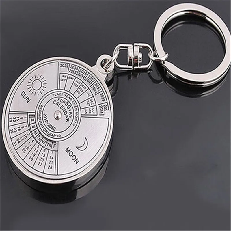 

Mini Perpetual Calendar Keychain Unique Metal Keyring Sun Moon Carving 2010 to 2060 Calendar Key Ring Creative Gifts