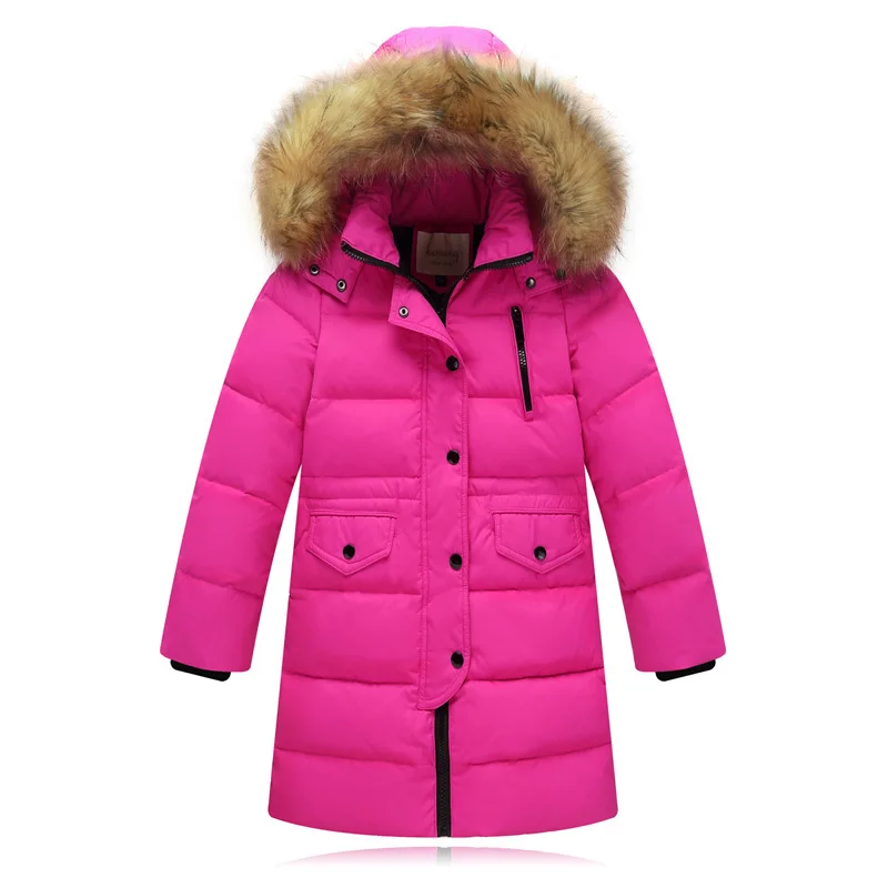 Children Clothing Winter Jacket for Girls Warm Down Jacket Fur Collar Hooded Outerwear Coat Kids Parka 4 6 8 10 12 13 Years - Color: Rose Red