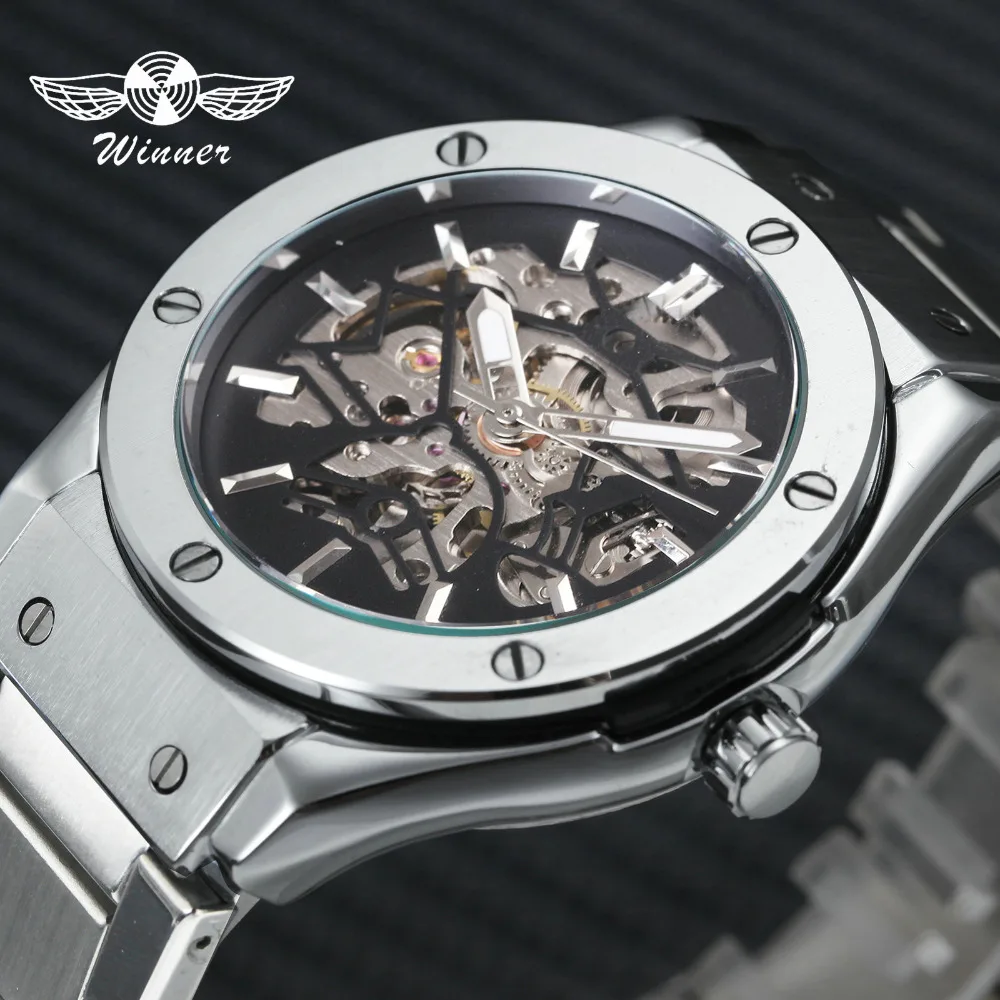 

WINNER 2019 Fashion Sport Automatic Mechanical Stainless Steel Strap Creative Skeleton Design Mens Watches Top Brand Luxury