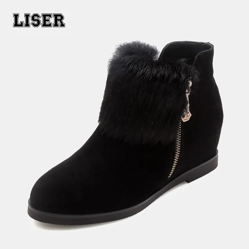 

women's black suede ankle boots with fur hidden wedge heels winter snow commuter office outdoor booties for ladies short plush