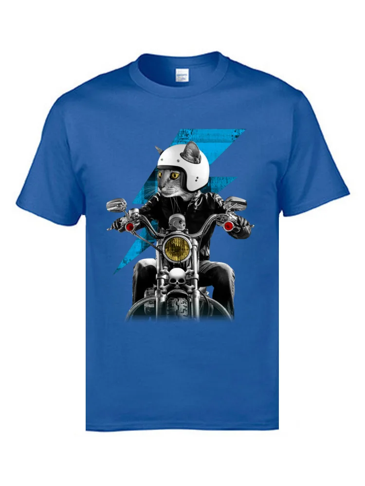 Biker Cat 3527 Funny Men T Shirts Round Collar Short Sleeve 100% Cotton Tops Tees Customized Tshirts Top Quality Biker Cat 3527 blue