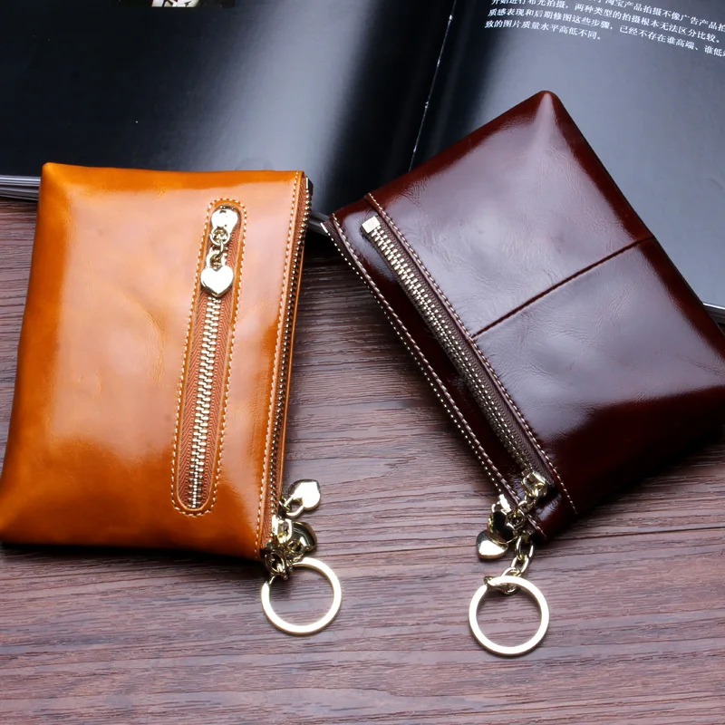 

Genuine Leather Women Mini Wallet Oil Wax Leather Coin Purse Coin Credit Card Holder With Metal Ring 8 Color Double Zipper