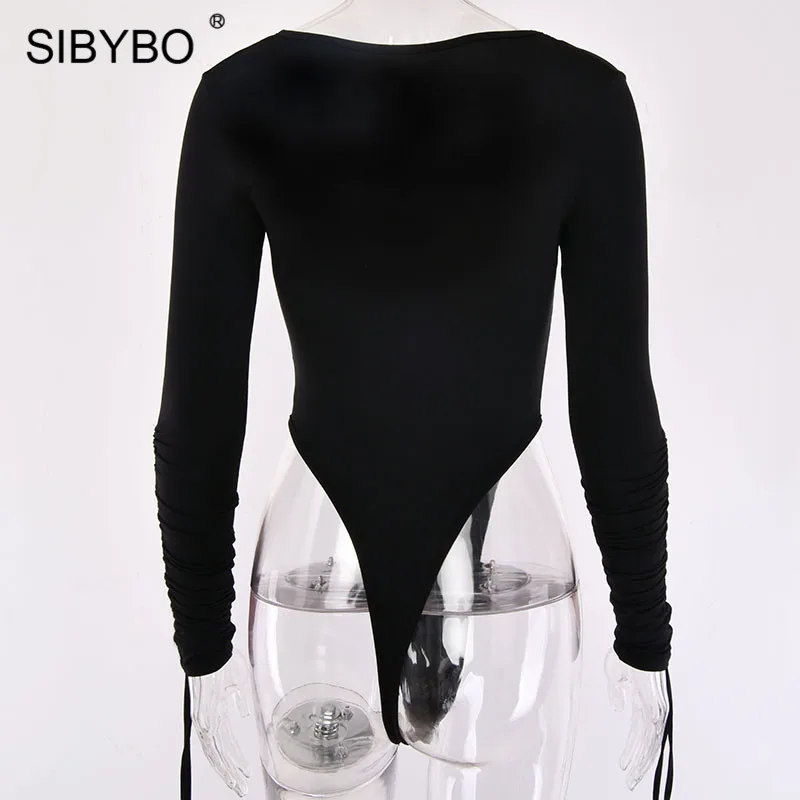 Sibybo осенний облегающий сексуальный костюм с длинным рукавом, женский модный плиссированный Детский костюм с круглым вырезом, женский черный повседневный комбинезон