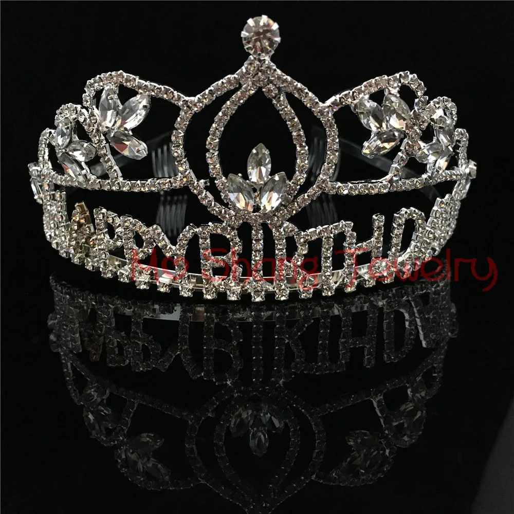 

Happy Birthday Tiara Crown White Rhinestone Silver Plated Fit All Souvenirs Birthday Event Jewelry Accessories Birthday Gifts