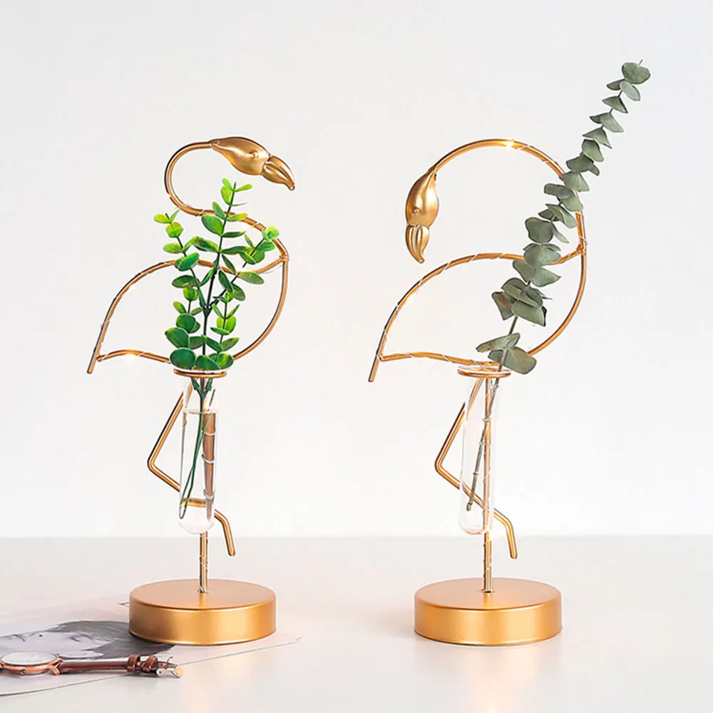 

Flamingo Figurines Miniatures With Light LED Hydroponic Flower Plant Vase Container Elegant Flamingo Ornament Wedding Home Decor