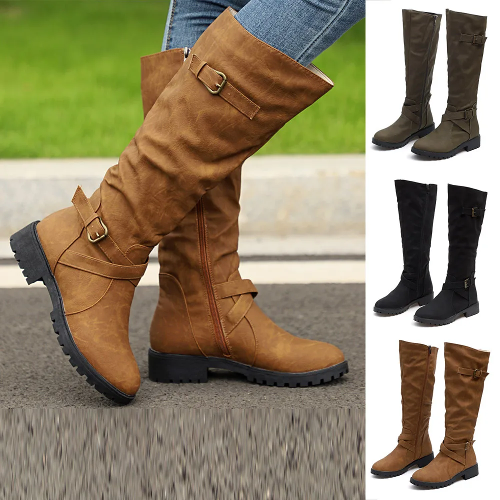 

New Autumn Winter Womens Knee High Calf Biker Sexy Boots Ladies Zip Punk Military Combat Army Boots Party Women's Shoes 2018