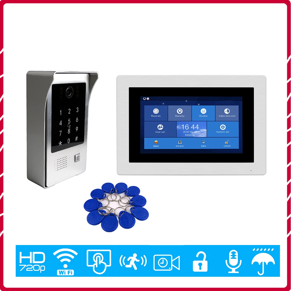 Free Shipping 720P WIFI IP 7\ Touch Screen Video Intercom Door Phone Recording Kit Phone Remote Monitor Code Keypad RFID Camera