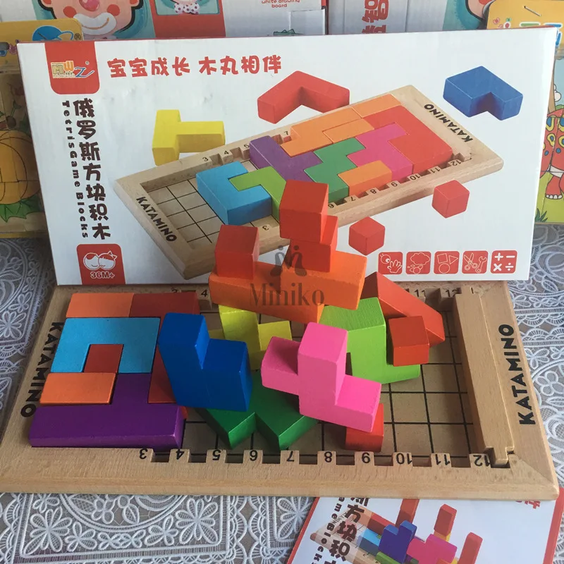 Table Game Beech Wood Tetris Blocks Educational Baby Toys Montessori Katamino Building Blocks Children IQ Challenge Gift