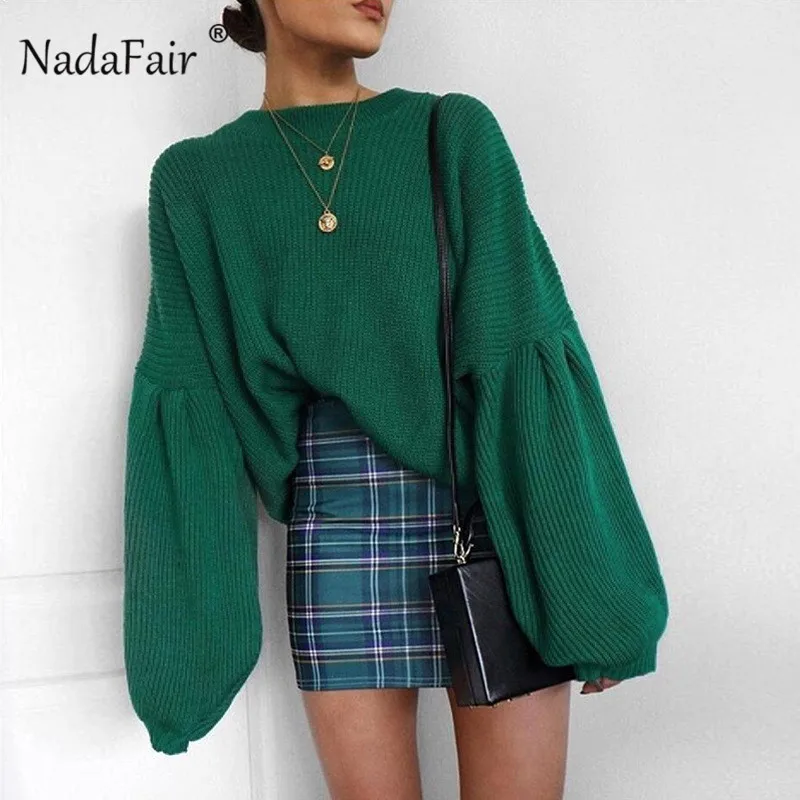 Nadafair Autumn Oversized Sweaters Women Loose Long Lantern Sleeve Knitted Sweater Black Baggy Winter Turtleneck Sweater Female