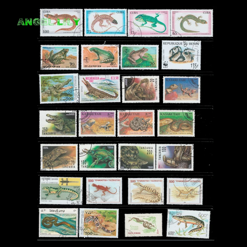 100 PCS All Different Reptiles Unused Postage Stamps With Post Mark For Collection