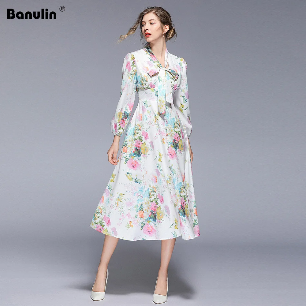 Banulin NEW Vintage Woman Spring Maxi Dress Bow V-Neck Female Print Long Dress Lady Runway Dress Robe Longue Femme B5413 Banulin NEW Vintage Woman Spring Maxi Dress Bow V-Neck Female Print Long Dress Lady Runway Dress Robe Longue Femme B5413