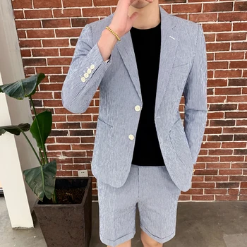 

Mens Suit With Pants Shorts 2 Piece Men Tweed Retro Blue Striped Tuxedo Suits for Party Costume Homme Tunic Suit Dress Spring