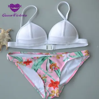

2019 Hot Sale Women Ladies Bikinis Set Sexy Swimwear White Floral Swimsuit Crop Beachwear Triangle Swimwear bandeau Biquinis