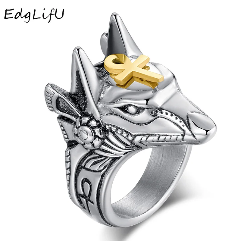 

EdgLifU Retro Anubis God self-defense Titanium Stainless Steel Cross Ring Ancient Egyptian Death Wolf Head Ring jewelry For Men