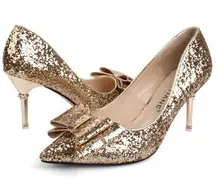 Size 4~8 Golden Bowtie Wedding Women Shoes Bridal Elegant High Heel Red Women Pumps zapatos mujer
