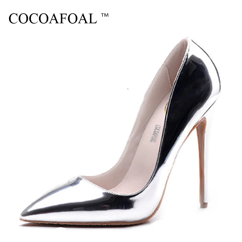 

COCOAFOAL Woman Golden Sexy Pumps Plus Size 33 - 43 Party Patent Leather High Heels Shoes Pointed Toe Silvery Wedding Pumps 2018