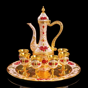 

8PCS/Lot Vintage Gold Silver Wine Ware Set Drinkware Home Metal Hip Flask Sake Cup Tray Creative Kit Pot Teacup Fruit Dish Gifts